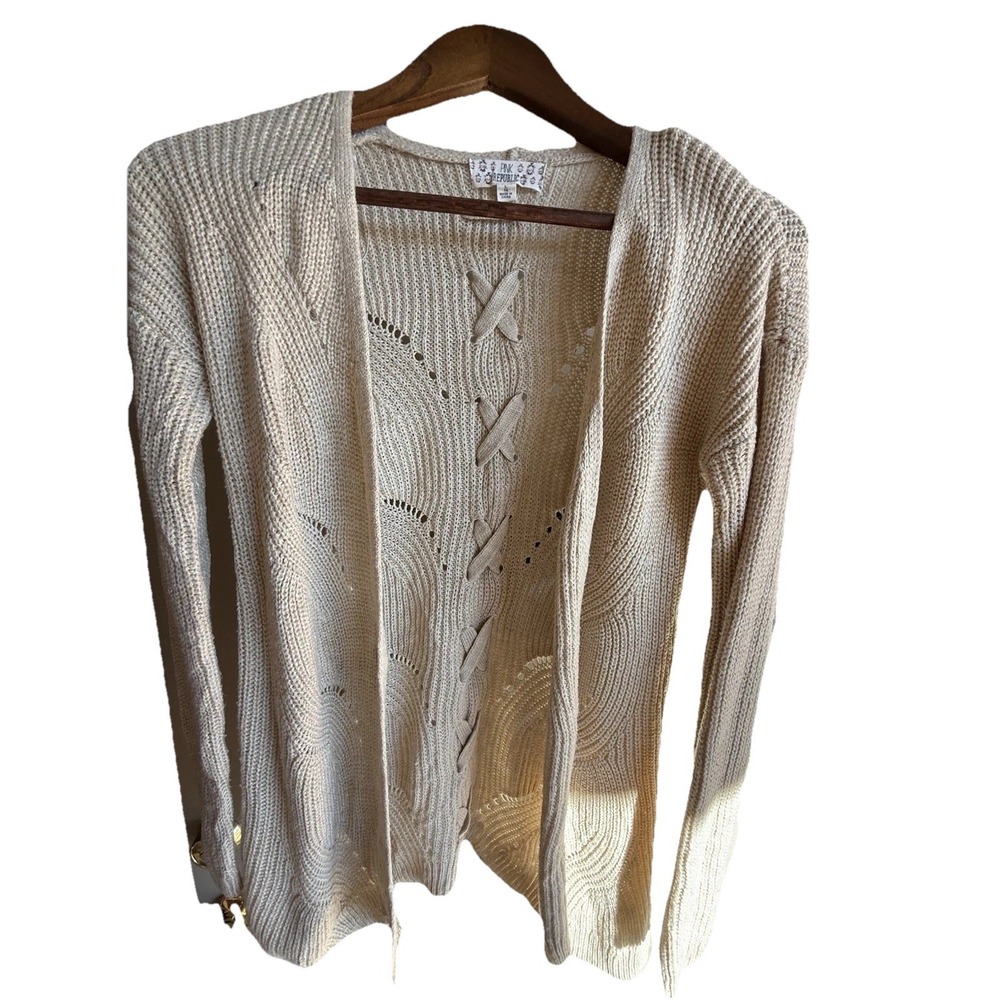 Pink Republic Knit Cardigan Open Front Beige Cozy Office Warm Size Large Lt Wt